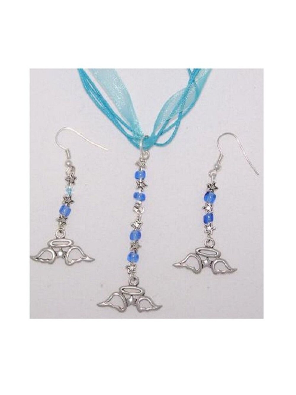 Necklace Earrings Angel Charm Blue Star Beads Sterling Hook 2" Long Ribbon Cord
